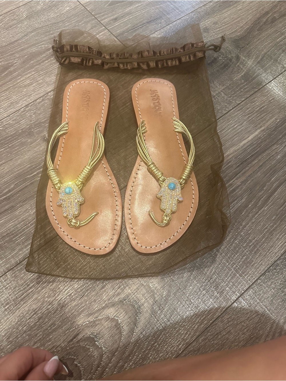 Mystique Boutique Gold-Strap Tan Leather Hamsa Sandals